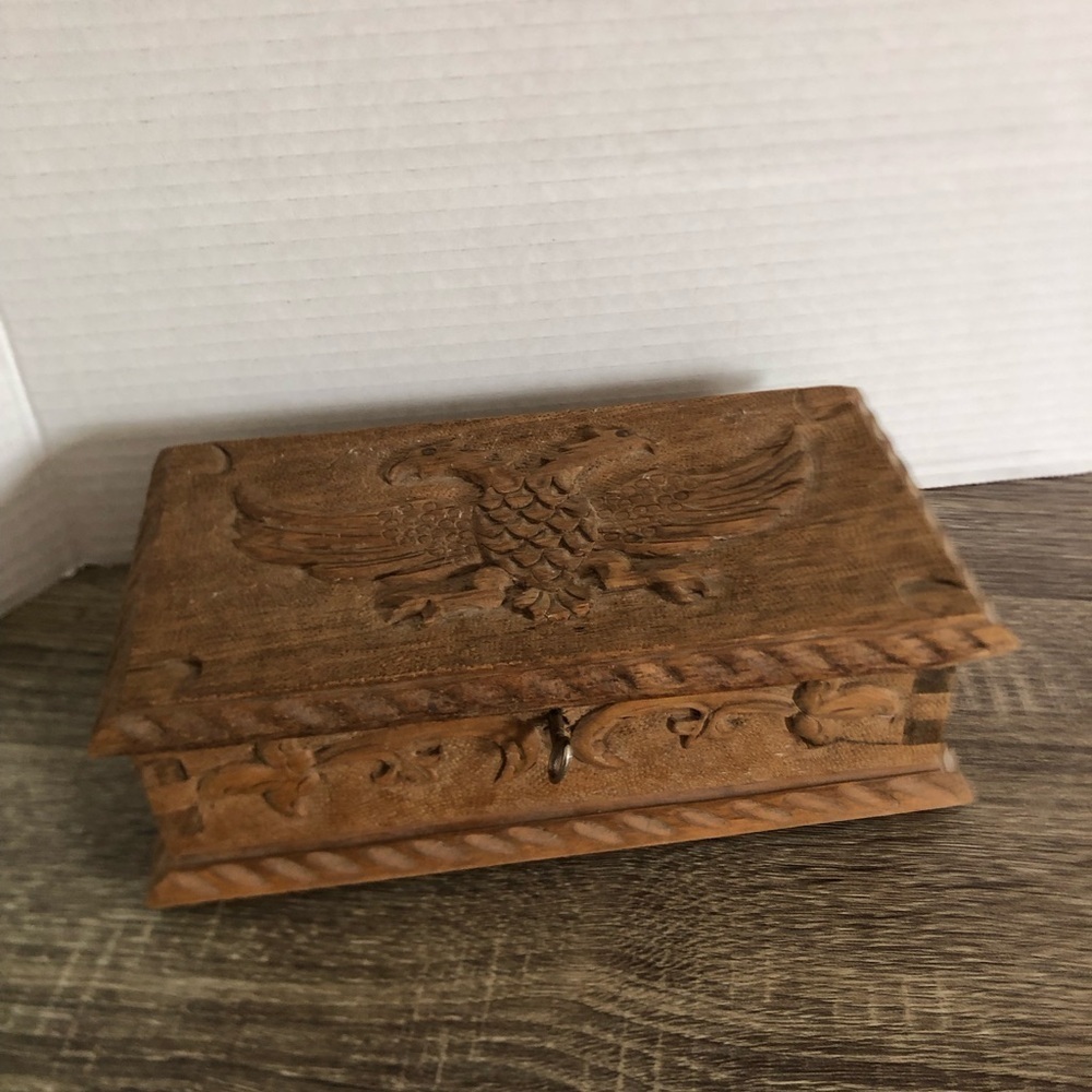 Hand Carved Double Eagle Wood Box with Key